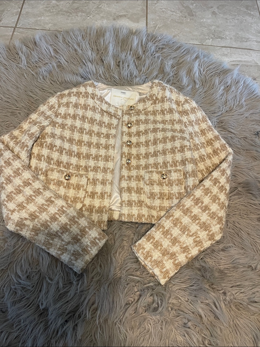 Amanda Uprichard Beige & Cream Cropped Tweed Blazer